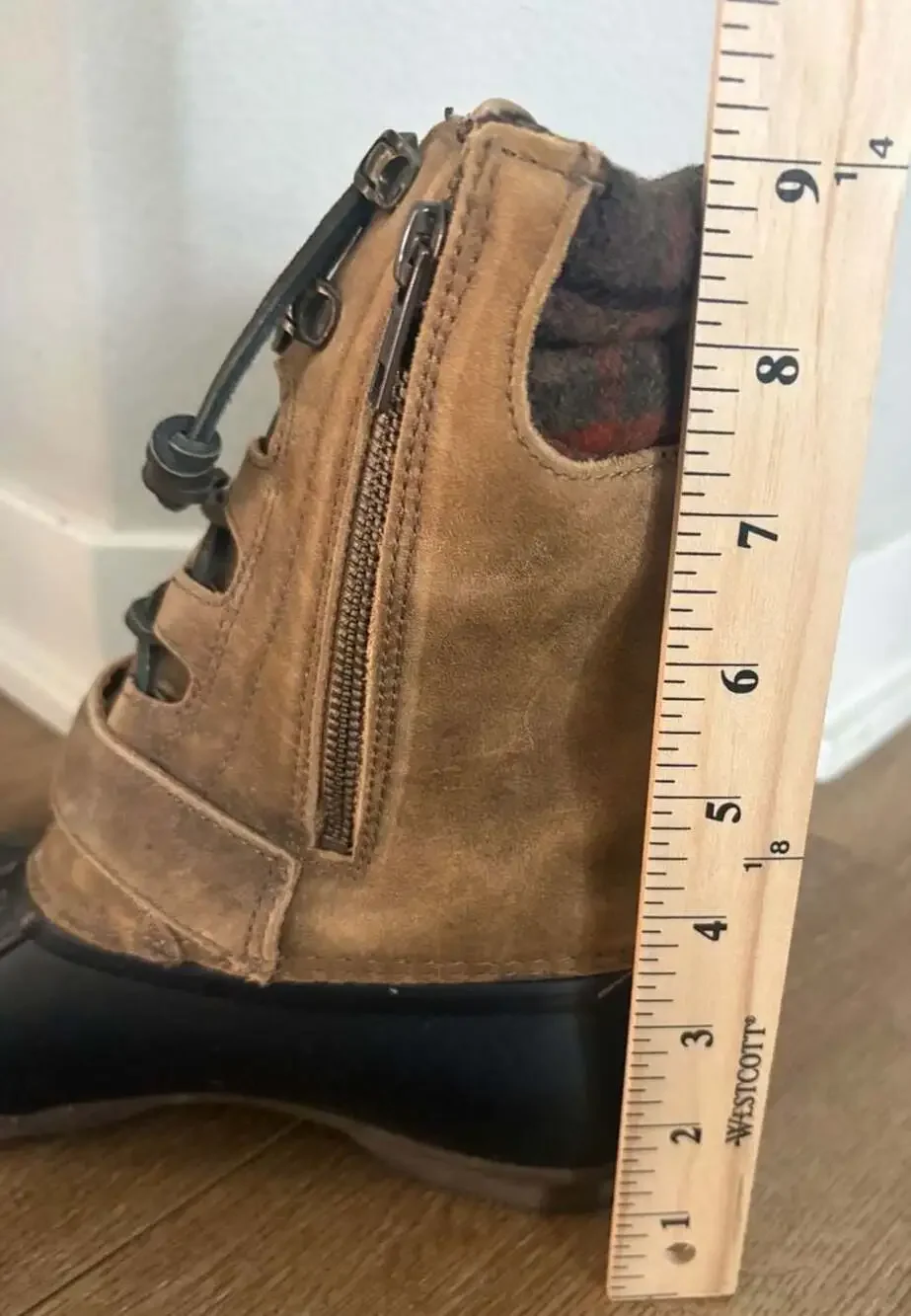 Sperry Saltwater Duck Boots Women’s 8 Tan Leather Waterproof Plaid Cuff Zip Lac
